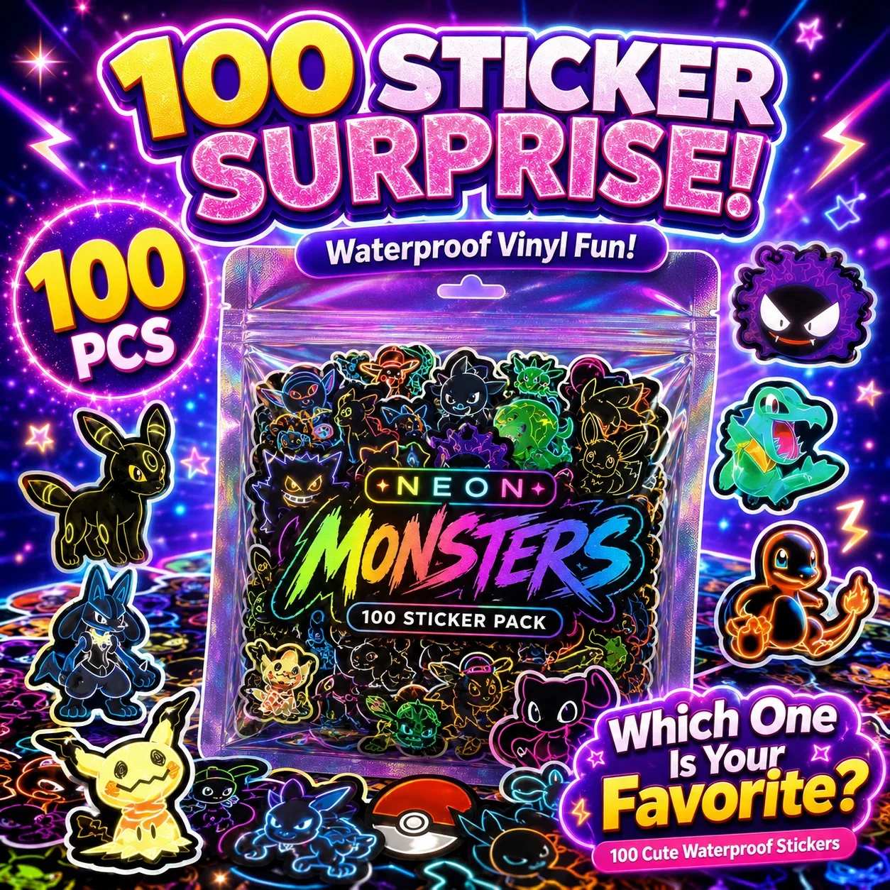 Luggage - 100 Adesivos Neon Pokémon à Prova